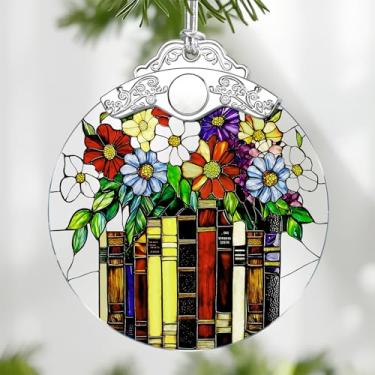 Imagem de Enfeite de vitral de livro de flores, enfeites de Natal – enfeite de árvore de Natal, decoração de férias, material de meia de Natal, ideia de presente, presente de leitor de livros, presentes para