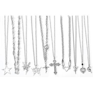 Imagem de XIUQILAI Conjunto de 10 colares góticos para mulheres, conjunto de colar de prata de Halloween vintage cruz gótica, cruz, espinhos de fada, Y2k, anjo, coração, pena, estrela, borboleta, colares com