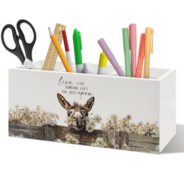 Imagem de ANIANG Organizador de canetas Farmhouse Donkey para decoração de mesa, presentes para amantes de burros, Live Like Someone Left the Gate Open Porta-lápis de madeira para casa, escritório, acessórios