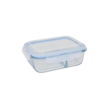 Imagem de Pote Retangular Hermético com Divisória, Vidro Borossilicato, 1520ml, Tampa Azul, 22x17x8cm, Livre de BPA