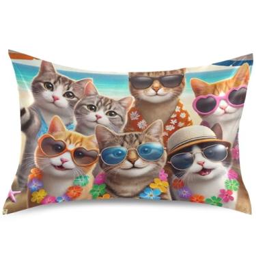Imagem de Cute Cats Capa de almofada de cetim de verão praia capa de travesseiro refrescante animal padrão king queen capas de travesseiro sonolento, tamanho king, 101,6 cm x 50,8 cm
