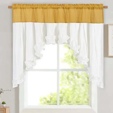 Imagem de Likiyol Sanefas de linho para janelas de fazenda com babados e saia rústica para janela rural cortinas de cozinha com filtro de luz, cortinas de cozinha com bolso para varão, cortinas para banheiro