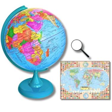 Imagem de GLOBO TERRESTRE POLÍTICO MAPA MUNDI 30CM BASE E RÉGUA VERDE + MAPA MUNDI + LUPA