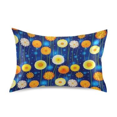 Imagem de Fronhas de Céu Estrelado Flores Amarelas Cetim Bonito Padrão Rei Queen Travesseiros Deslizantes Personalizada Capa de Almofada Macia Tamanho Queen 76,2 cm x 50,8 cm