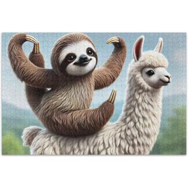 Imagem de Quebra-cabeça engraçado de preguiça Yoga lhama 500 peças para adultos família presentes elefante branco paisagem quebra-cabeças arte de flores animais, 50 x 35 centímetros