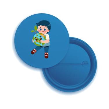 Imagem de Bottons com Alfinete, Tema Criança Abraçando o Planeta Terra, Design Cartoon, Branco, Pacote com 10 Unidades (10, Azul)