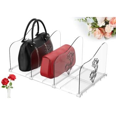 Imagem de Pacote com 1 organizador de bolsa para armário, prateleira grande ajustável com padrão rosa, organizador de bolsa transparente, divisor separador de estante de plástico para quarto, sala de estar