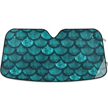 Imagem de Guarda-sol azul turquesa em escala de sereia personalizada para para-brisa de carro protetor solar universal dobrável para caminhão dianteiro de carro S, 134,6 cm x 59,7 cm