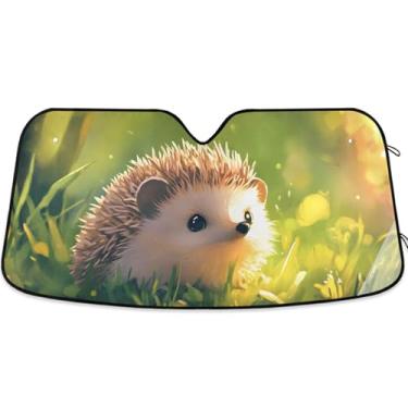 Imagem de Guarda-sol personalizado fofo de grama verde ouriço para para-brisa de carro Engraçado dobrável para-brisa automotivo guarda-sol animal floral S, 134,6 cm x 59,7 cm