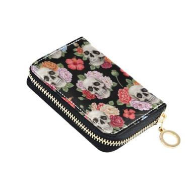 Imagem de Carteira de couro feminina com bloqueio de RFID, carteira de cartão de crédito, fecho de correr, porta-cartões e dinheiro, caveiras, flores coloridas florais, preto