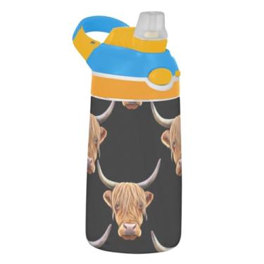 Imagem de Garrafa de água infantil Tritan de 473 ml com tampa de palha, garrafa de água esportiva portátil para escola, reutilizável, copo infantil de 473 ml, alça de transporte, lindas cabeças de vaca Highland