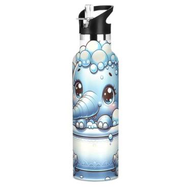 Imagem de Joisal Garrafa de água isolada para meninas de 590 ml com tampa de palha, linda garrafa de água esportiva de aço inoxidável elefante com alça, copos infantis a vácuo de parede dupla
