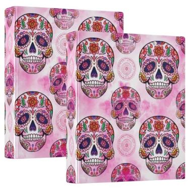 Imagem de Fichários personalizados Intricately Sugar Skulls rosa floral com três anéis 1,5 polegadas, 200 folhas, pastas de caderno, impressão de anel redondo, 31,5 x 27 x 6 cm, 1 pacote