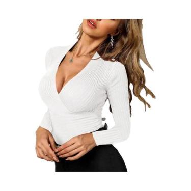 Imagem de Suéter Feminino Slim Fit De Tricô Com Decote Em V Preto E Branco Elega