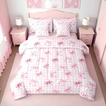 Imagem de Erosebridal Conjunto de edredom Queen com laço rosa para meninas | Jogo de cama de 7 peças para crianças, mulheres, cama quadriculada rosa e branca em uma bolsa, lençol de cima com elástico e laço