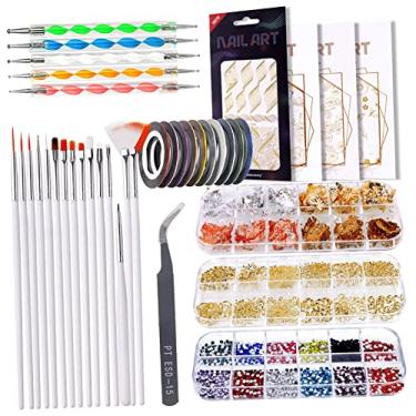 Imagem de Yinhing Kit de Nail Art Profissional Com 15 Pincéis, 5 Canetas Pontilhadoras, 12 Pedras Coloridas, 10 Fios, 4 Adesivos de Estampagem, Kit de Ferramentas de Design de Unhas para Salão
