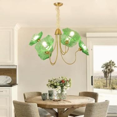 Imagem de Lustre nórdico moderno com 6 luzes, luminária suspensa para ilha de cozinha, luminária pendente em vidro com formato de folha de lótus, luminária suspensa clássica francesa com estampa flora