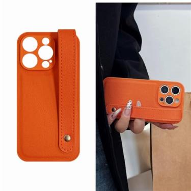 Imagem de IRTGFG Capa de couro com suporte para pulseira de luxo para iPhone 16 Pro, lente de silicone macio, capa à prova de choque (para iPhone 16 Pro/laranja)
