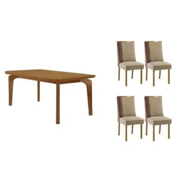 Imagem de Sala Jantar Mesa Londrina Tampo Curvo 120cm+4 Cadeiras Tilia Madeira Naturale - Capuccino/Suede Creme - Rufato