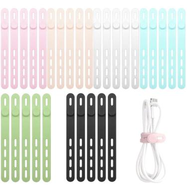 Imagem de Pacote com 30 abraçadeiras de silicone reutilizáveis - Organizadores de cabos multicoloridos de alta elasticidade (6 cores, 5 cada) para fones de ouvido, carregadores de telefone e fios elétricos