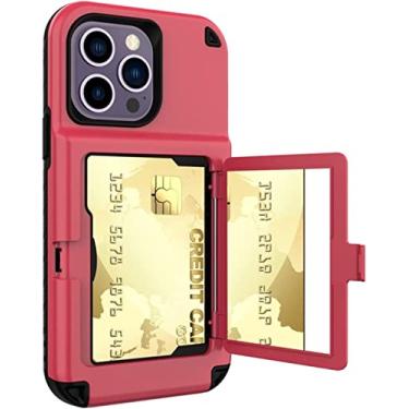 Imagem de KAPPDE Capa para iPhone 14/14 Plus/14 Pro/14 Pro Max, capa amortecedora premium com suporte de cartão espelho embutido resistente a impactos capa protetora de corpo inteiro (cor: vermelho, tamanho: 14 Pro 6,1 polegadas)