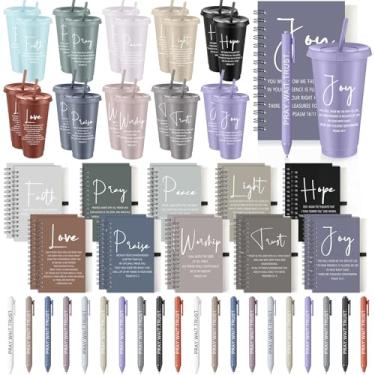 Imagem de Potchen Presentes cristãos, versículo bíblico, 680 g, copos de plástico, cadernos espirais, canetas esferográficas, presentes religiosos para mulheres e homens, oração da igreja (60 peças, estilo