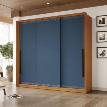 Imagem de Guarda Roupa Roupeiro 3 portas de correr 4 gavetas Valência Freijó Azul Politorno Móveis