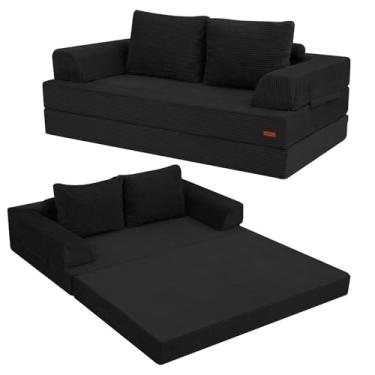 Imagem de COMAX Sofá-cama Futon, sofá-cama dobrável conversível, sofá desossado, sofá de veludo cotelê com travesseiros, pequeno sofá dobrável confortável para sala de estar, quarto, preto