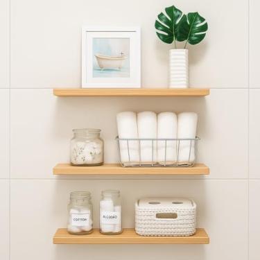 Imagem de Conjunto de prateleiras de madeira com suporte oculto (Verniz Incolor,3 prateleiras 14x60cm)