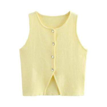 Imagem de Top Cropped Branco De Malha Para Mulheres, Regata Curta Com Botões, Mo