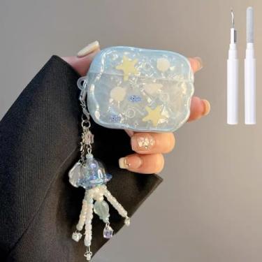 Imagem de COTYPOFLIYTT Compatível com AirPods 3ª capa protetora linda estrela do mar com kit de limpeza chaveiro água-viva para meninas e mulheres para Airpods 3 gerações - azul