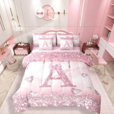 Imagem de Erosebridal Conjunto de edredom de 7 peças com laço rosa em uma bolsa, solteiro, com glitter, inicial A, para crianças, adolescentes, meninas, kawaii, com laço, alfabeto, edredom e lençol com nó