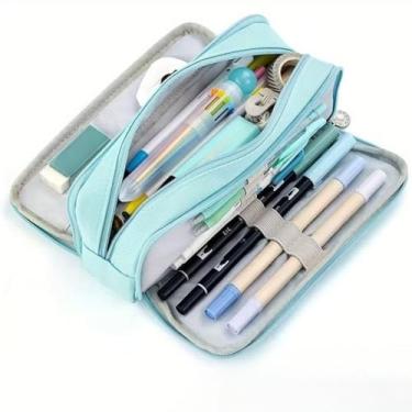 Imagem de Estojo grande com 3 compartimentos, bolsa de lápis aberta dupla, bolsa de artigos de papelaria de grande capacidade para escritório, casa (azul claro)