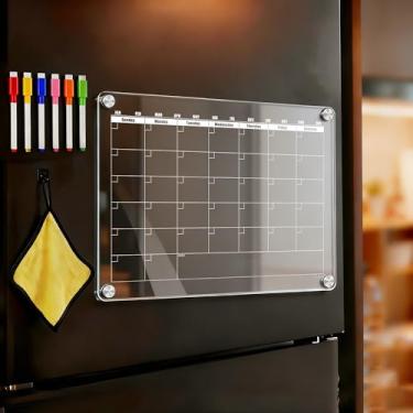 Imagem de Calendário de acrílico magnético apagável a seco para geladeira quadro branco transparente quadro branco apagável 40,6 cm x 30,5 cm com marcador apagável em 6 cores