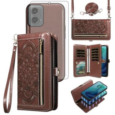 Imagem de Asuwish Capa de celular para Motorola Moto G 5G 2024 com zíper carteira destacável com protetor de tela de vidro temperado alça transversal para pulso mandala flor flip porta-cartões G5G 5 G G5