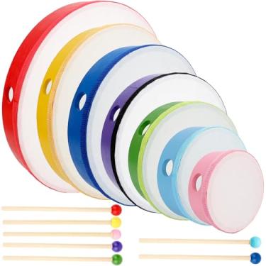 Imagem de Conjunto de 7 tambores de mão com moldura de madeira de 12, 10, 8, 7, 6, 5, 10 cm, instrumentos de percussão para crianças, adultos, escola, igreja, festa, presentes