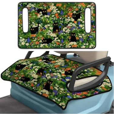 Imagem de Capas de assento de carrinho de golfe verde, cobertor de toalha de assento de carrinho de golfe de flor de gato preto para carro de clube, acessórios de carrinho de golfe, mantenha o assento