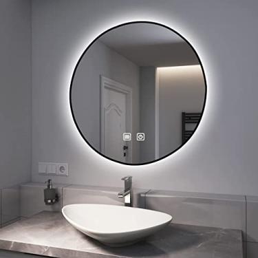 Imagem de Espelho de banheiro de LED com luzes - espelhos redondos para banheiro, maquiagem montada na parede, espelho de vaidade de LED moldura preta espelho de parede grande espelho retroiluminado de LED, à