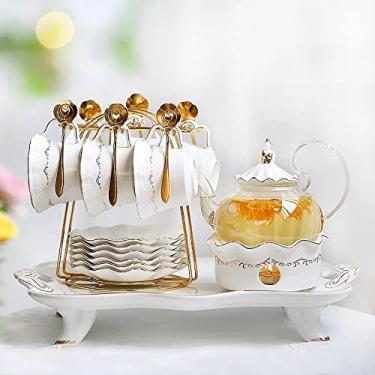 Imagem de Conjunto de pote e xícara de cerâmica para chá da tarde, pires, colher, vela, vidro de aquecimento, bule de chá, canecas de café europeias, bandeja de porcelana, decoração de casa, conjunto de chá