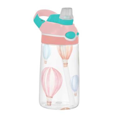Imagem de xigua Balões de ar quente em aquarela Garrafa de água Tritan com bico de silicone, 480 ml portátil à prova de vazamento com botão bloqueável e alça larga