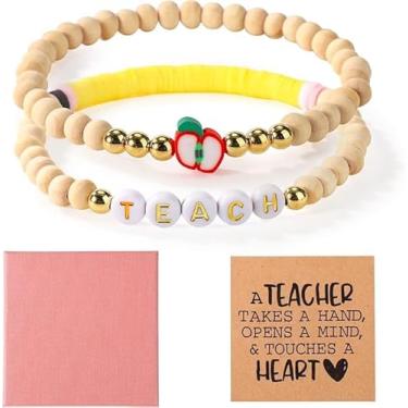 Imagem de Presente de agradecimento do professor para mulheres, 2 peças de pulseiras de professor com contas com cartão e caixa de presente de agradecimento do estudante, para Natal, Dia dos Namorados, Fim do