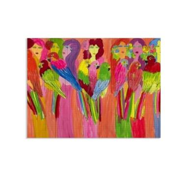 Imagem de SDYJ6GSW Walasse Ting Impressão em tela giclée para mulheres com papagaios, presente de pintura abstrata colorida famosa para decoração de quarto de banheiro moderno 85 x 60 cm (33 x 24 polegadas
