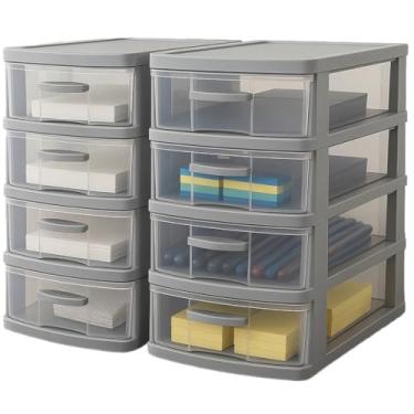 Imagem de Kit 2 Gaveteiro Organizador De Mesa Com 4 Gavetas Grande Em Plástico Resistente (Cinza)