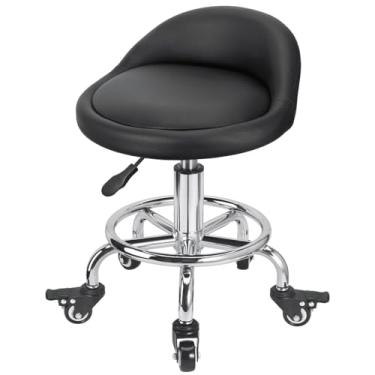 Imagem de FLOLXNB Banqueta com rodinhas de couro PU, cadeira de rodinhas ajustável em altura, banco de garagem com rodas para mecânico de manicure, escritório em casa, garagem (estilo 1)