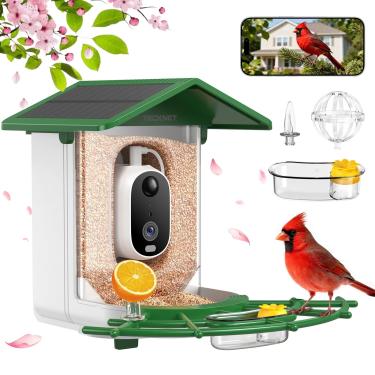 Imagem de TECKNET Alimentador de pássaros com câmera com painel solar de identificação de espécies de pássaros, casa inteligente para pássaros com câmera, visualização ao vivo 2K, alertas de chegada instantânea