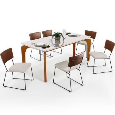 Imagem de Mesa De Jantar Capri 160cm Off White E 6 Cadeira Allana B05 Couríssimo Marrom Linho Cru - Lyam Decor