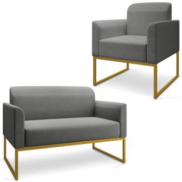 Imagem de Conjunto Namoradeira e Poltrona Decorativa Isabella Base Industrial Linho Grafite/Dourado - Gran Belo
