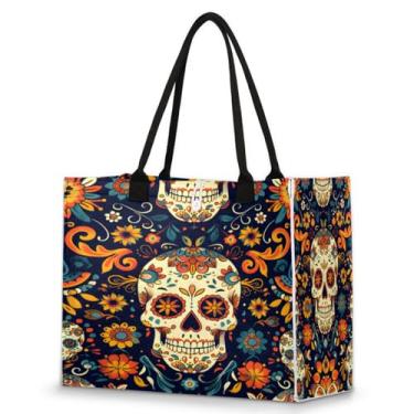 Imagem de Pardick Bolsa feminina de viagem, reutilizável, bolsa de supermercado, crânio de açúcar, bolsa utilitária para trabalho, compras, piscina, praia, presente ao ar livre