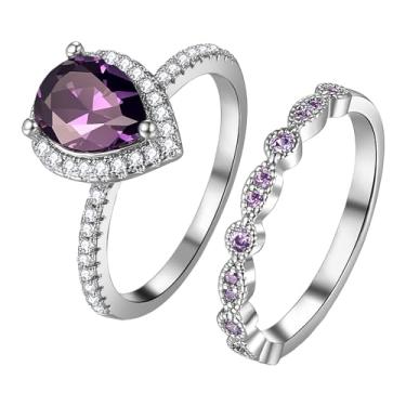 Imagem de Rofusn Anéis de compromisso CZ para mulheres: 2 peças de alianças de casamento empilháveis eternidade joias presentes para aniversário de dia dos namorados, tamanho 6-10, Metal, Sem pedra preciosa