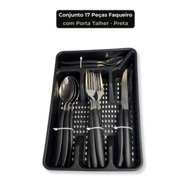 Imagem de Faqueiro 17 Peças com Porta Talher Inox e Plástico Preto ou Vermelho C